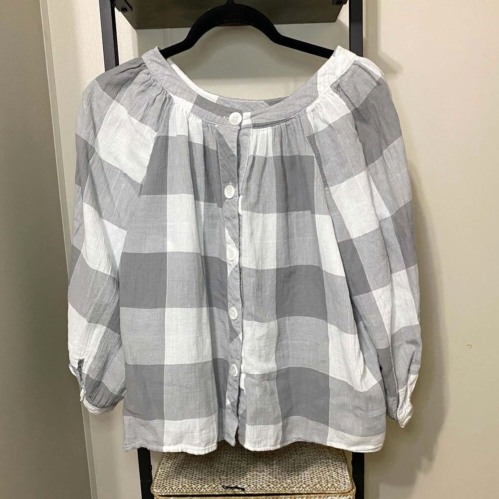 CATO Gray & White Plaid Button Front Peasant Blouse Long Sleeve Women’s L